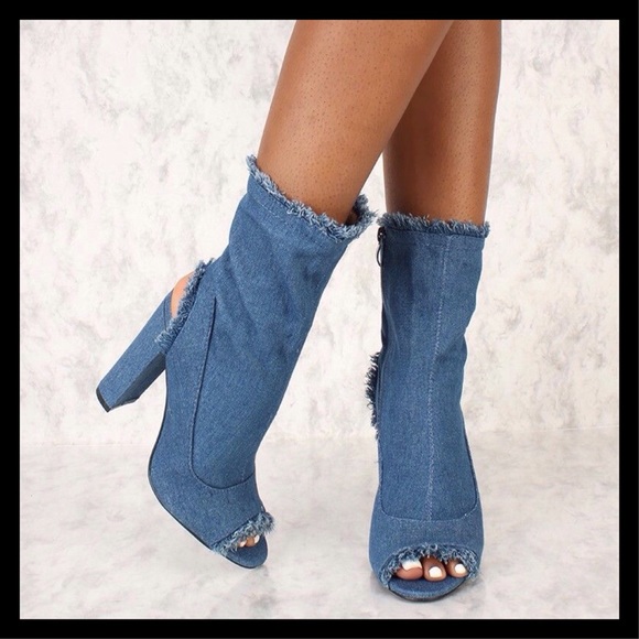 Distressed Denim Peep Toe Chunky Heel Booties - Picture 2 of 5